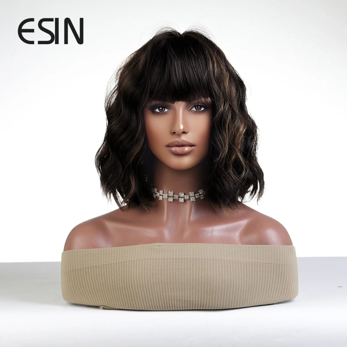 ESIN Synthetic Black Brown Medium Long Loose Body Wave Wig with Bangs Cosplay Daily Natural Wigs for Women Heat-resistant Hair