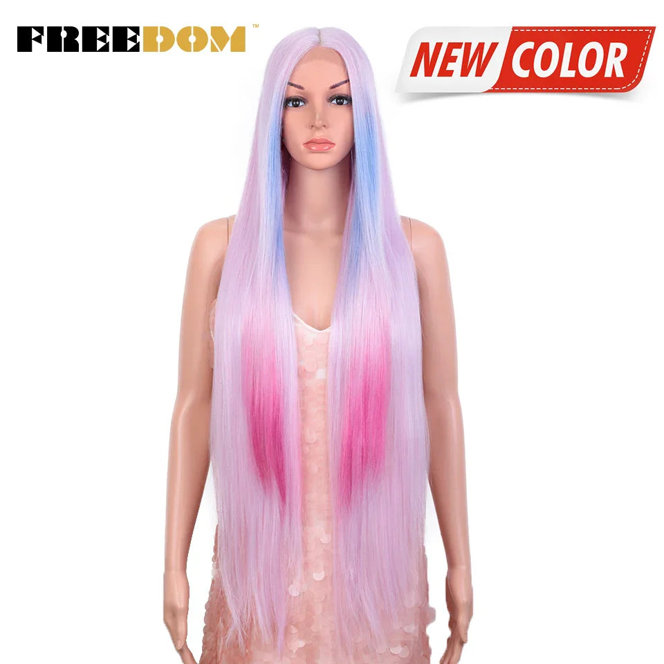 FREEDOM Synthetic Lace Front Wigs For Women Straight Hair Synthetic Lace Wigs 38 Inch Ombre Long Cosplay Wigs Blonde Pink Wig