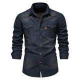 Men's Denim Shirt High Quality Cotton Elastic Spring Long Sleeve Denim Jacket Casual Slim Fit Streetwear Clothing Cowboy Shirts