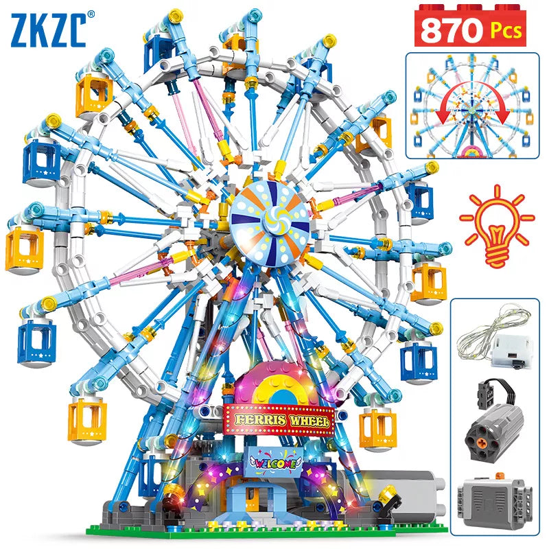 City Friends MOC Rotating Ferris Wheel Building Blocks Electric Bricks with Light Toys for Children Christmas Gifts