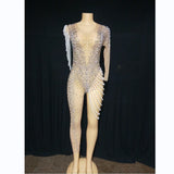 See Through Jumpsuits Women Pearl Rhinestone Gogo Dancer Showgirl Costume Rave Festival Outfit Clothing Party Nightclub Bodysuit