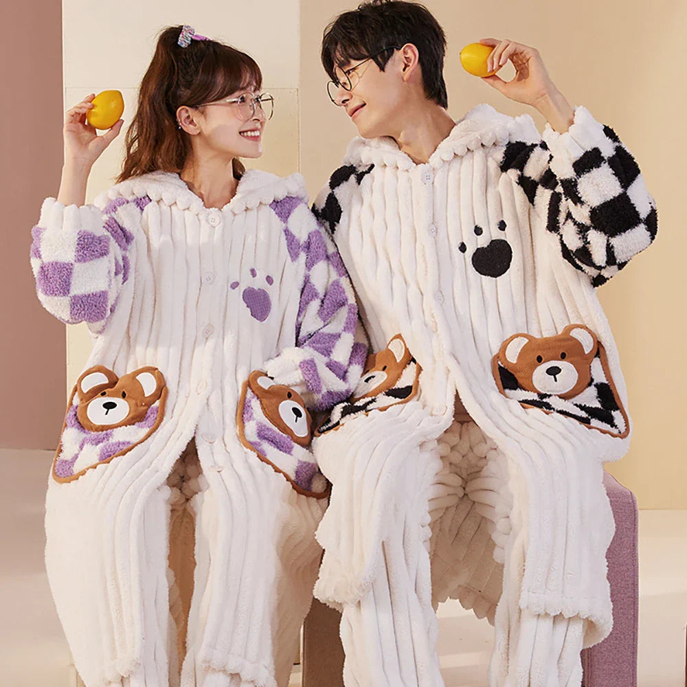 2PCS Hooded Sleepwear Thicken Warm Plush Flannel Robe Set Winter Pajamas for Couples Soft Pajama Man Cartoon Sleeping Bathrobe