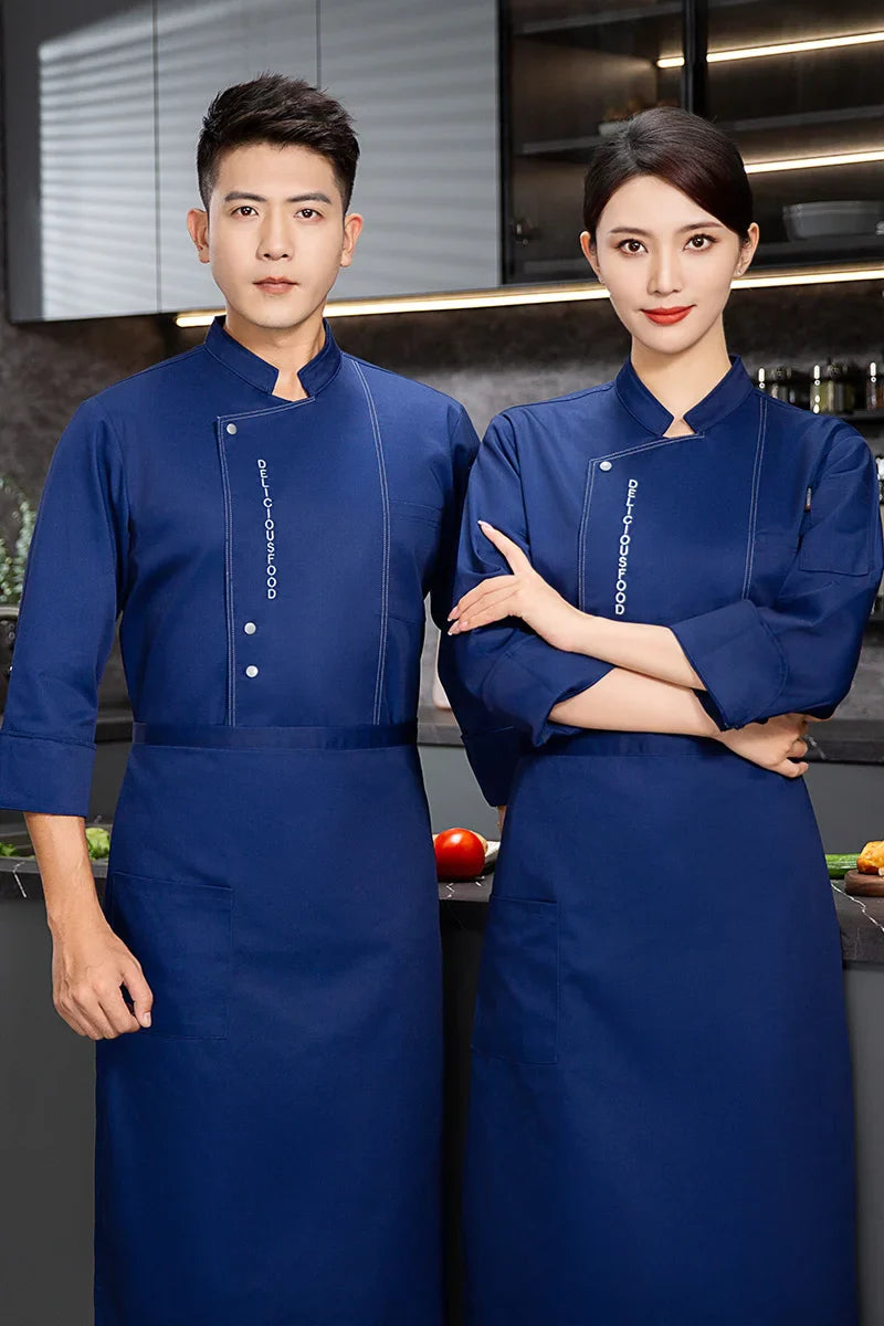 Men Long Sleeve Chef uniform Restaurant chef jacket with apron Cook Coat Chef T-shirt Work Uniform Waiter Hotel Clothes Logo