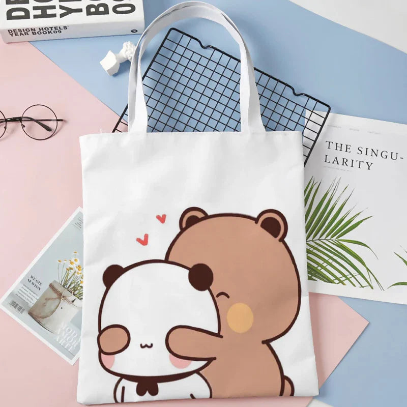 Panda Bear Hug Tote Bag Cotton Cloth Shoulder Shopper Bags Cute Cartoon For Women Handbag Eco Foldable Reusable Shopping Bag