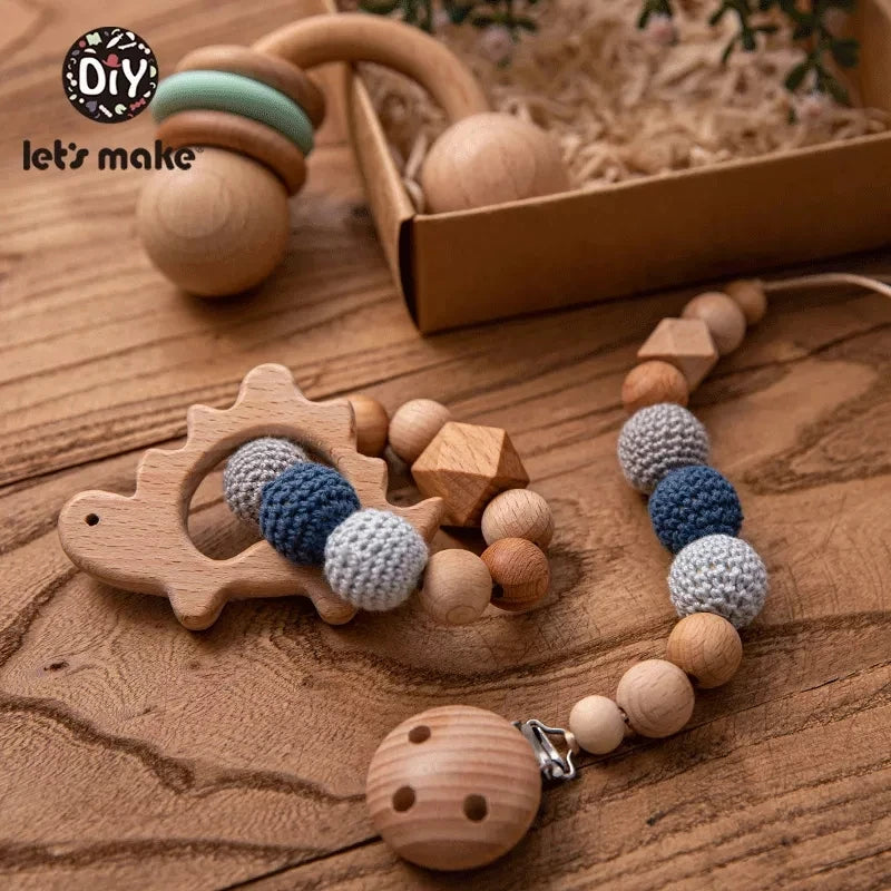 Let's Make Baby Wooden Teether Animals Rattle Chewable Crochet Beads Play Gym Stroller Toy Nursing Pendant Charms Teething