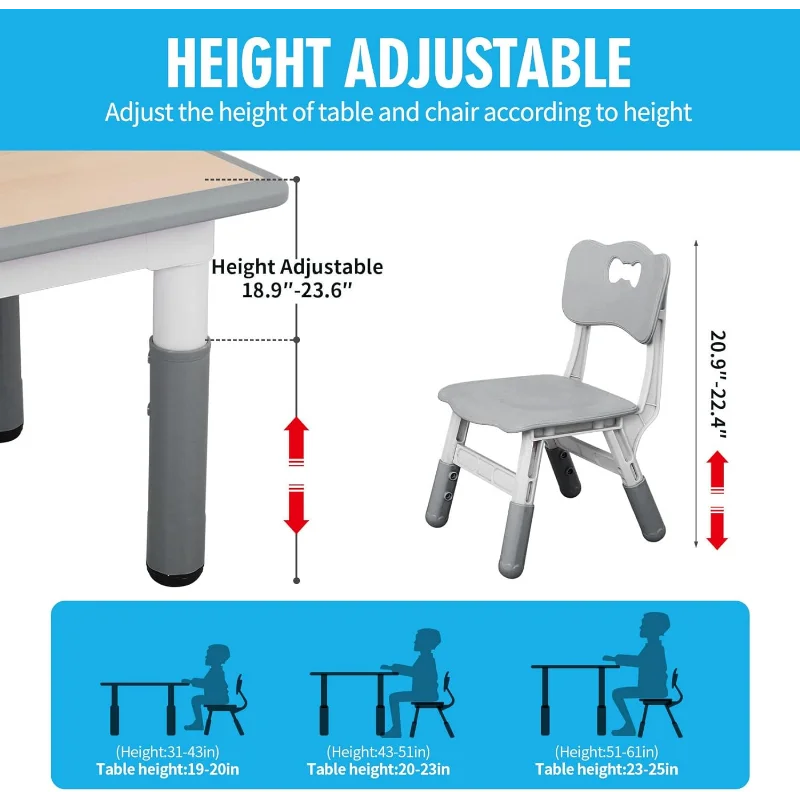 Kids Study Table and Chairs Set, Height Adjustable Plastic Children Art Desk with 2 Seats, Kids Multi Activity Table Set