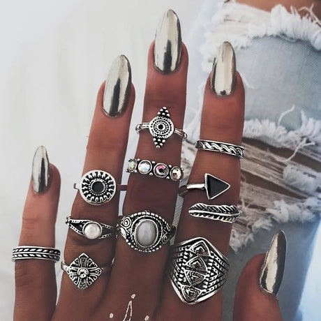 Fashion Green Crystal Knuckle Finger Rings Set For Women  Geometric Female Wedding Ring Trendy Jewelry