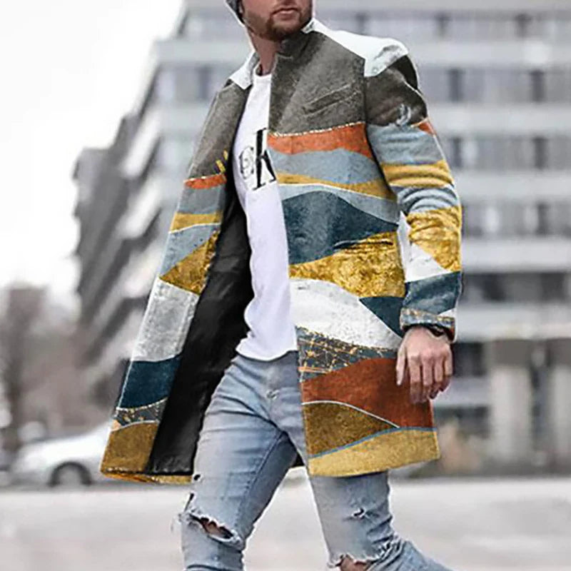 Men Woolen Coat Jacket Fashion Striped Geometric Print Young Mens Clothes Autumn Winter Single Breasted Pocket Overcoat Outwear