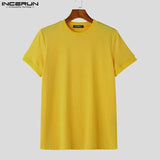 INCERUN Men T Shirt Solid Color Striped O-neck Short Sleeve Streetwear Casual Men Clothing Summer 2023 Fitness Fashion Tee Tops