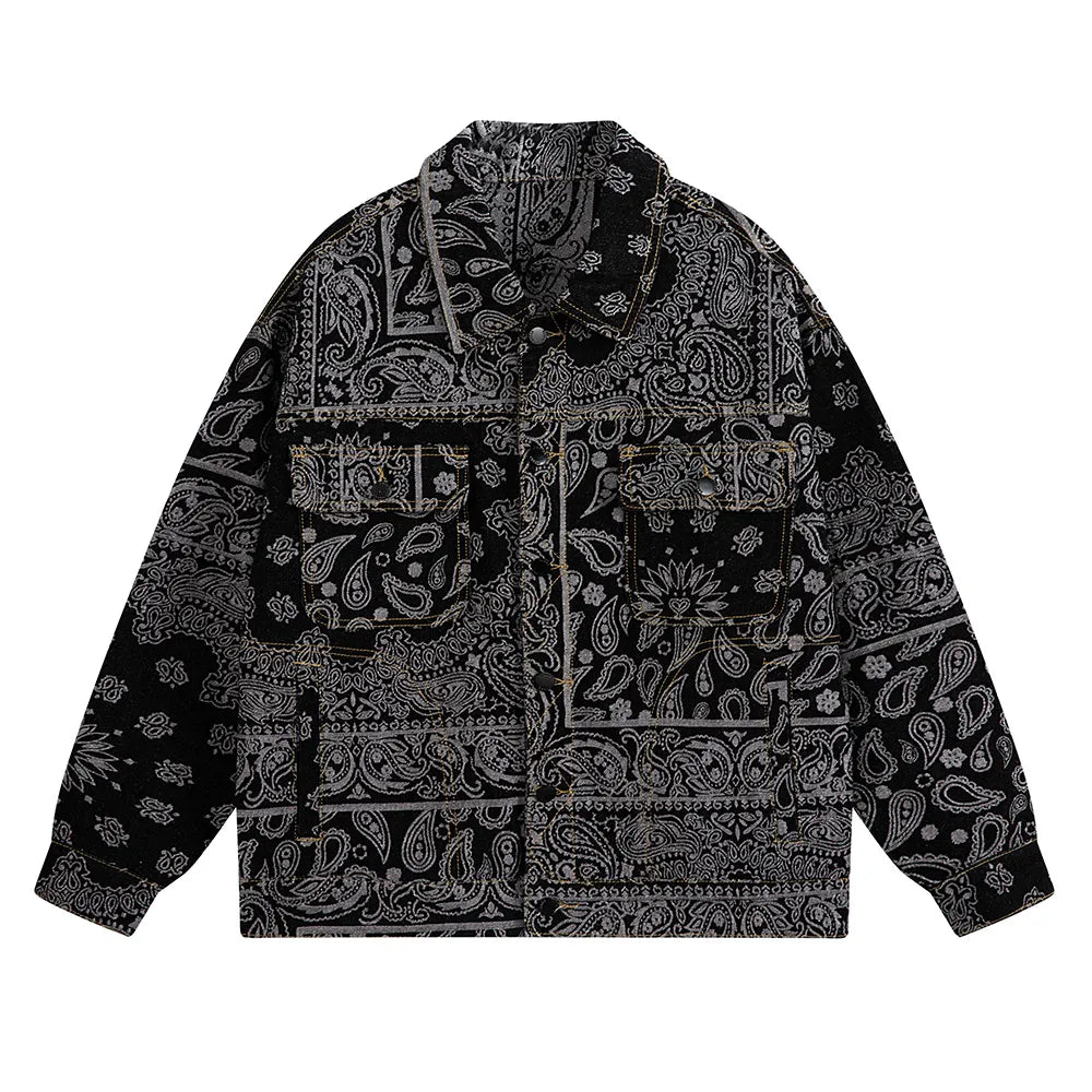 Men Paisley Bandana Print Denim Jacket Streetwear Pattern Jacquard Weave Coat Fashion Loose Long Sleeve Outerwear Black Blue