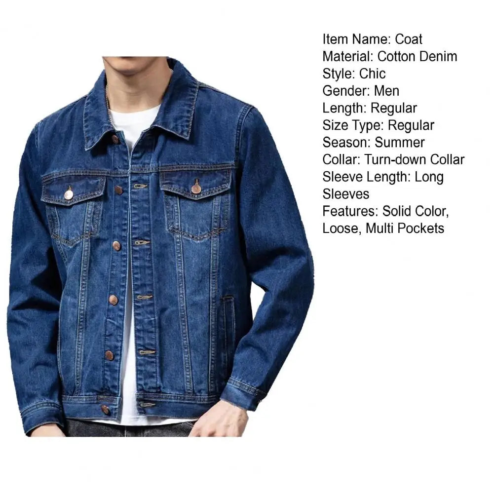 Men Denim Jacket Long Sleeves Multi Pockets Lapel Single-breasted Cardigan Loose Korean Style Men Spring Fall Coat