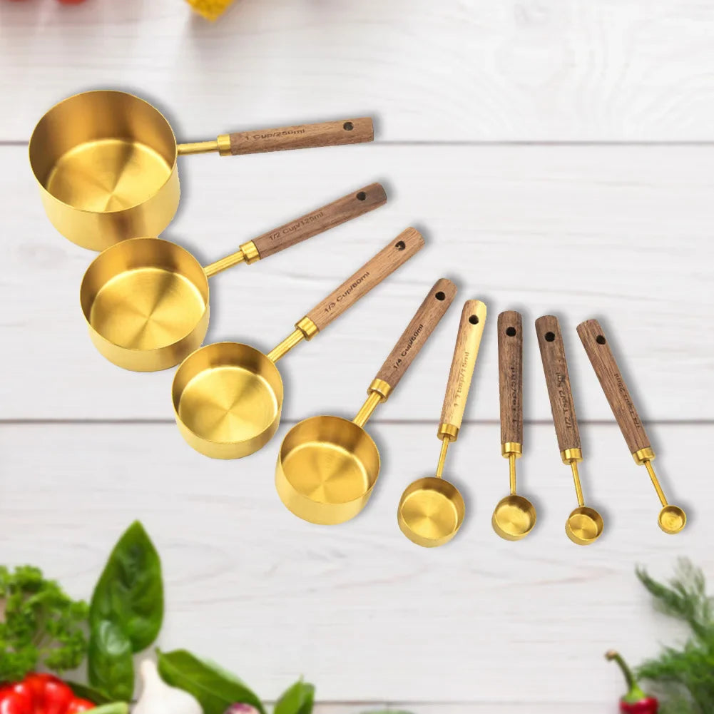 Kitchen Baking Tools Bakeware Measuring Tools & Scales Set of Eight Stainless Steel Measuring Cups and Spoons With Wooden Handle