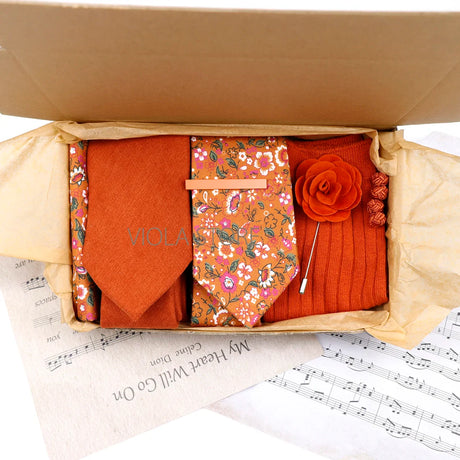 Viola Design 7 PCS Gift Box Cotton Sock Tie Sets Clip Pin Cufflinks Hanky Solid Floral Men Wedding Party Daily Cravat Accessory