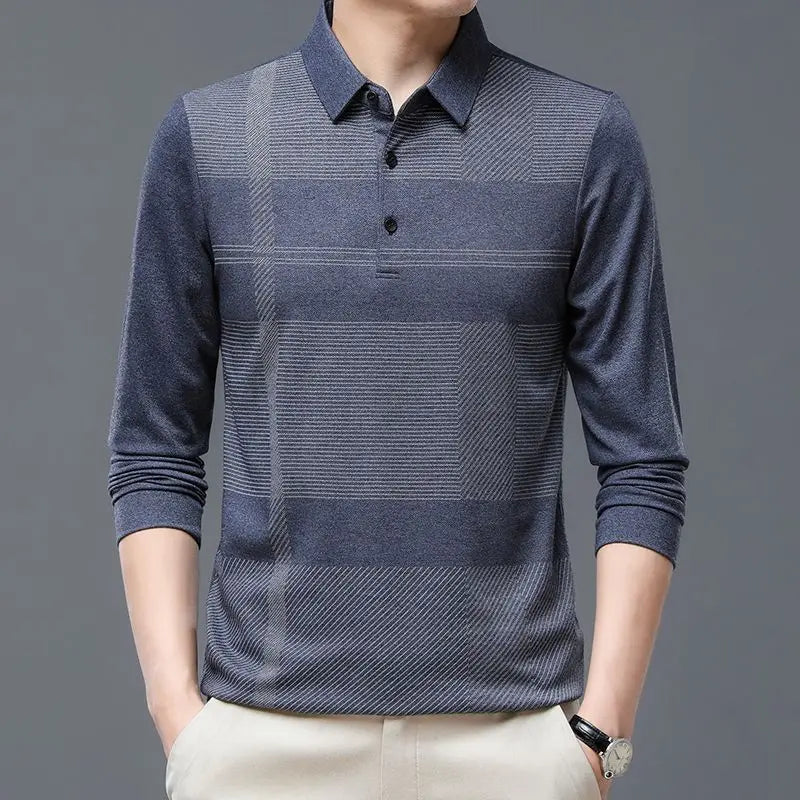 Autumn and Winter Men's 2024 Turndown Collar Spliced Print Button Fashion Versatile Business Casual Long Sleeved T-shirt Polo