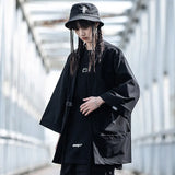 2023 Ribbon Hip Hop Punk Techwear Kimono Oversized Shirts Mens Japan Style Harajuku Casual Cargo Shirt Cloak