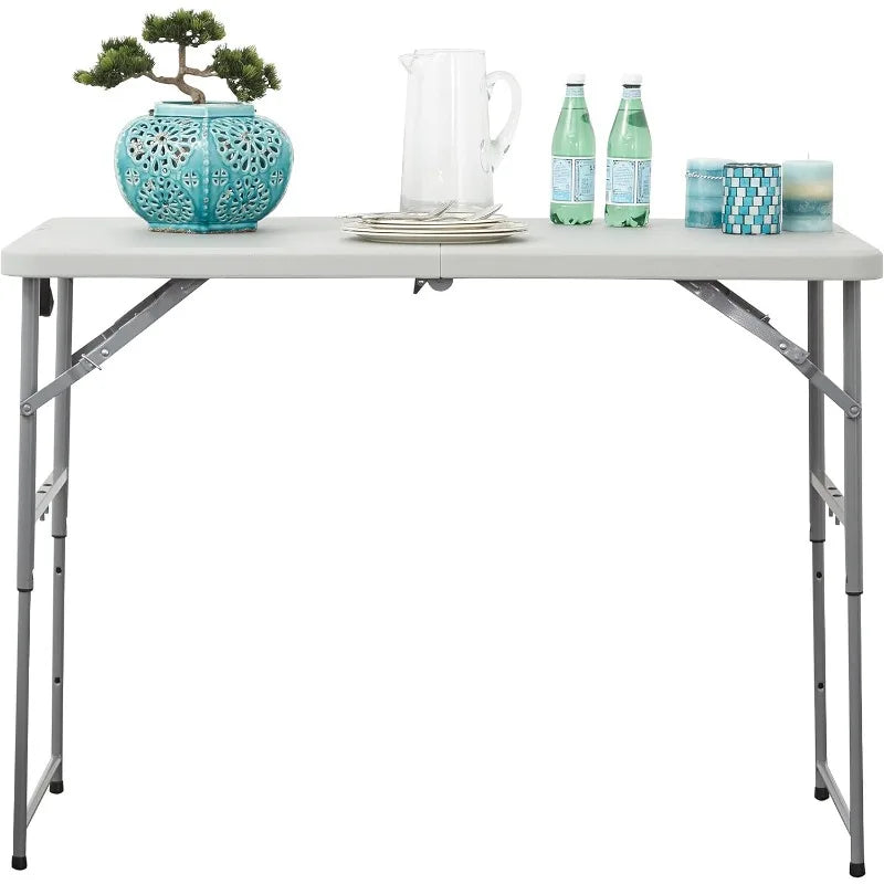 Resin Multipurpose Rectangle Table Bar Tables, 4-Feet Long, Height Adjustable, Center Folding Table, Light Gray