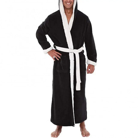 Men Soft Coral Fleece Color Block Pockets Long Bath Robe Home Gown Sleepwear