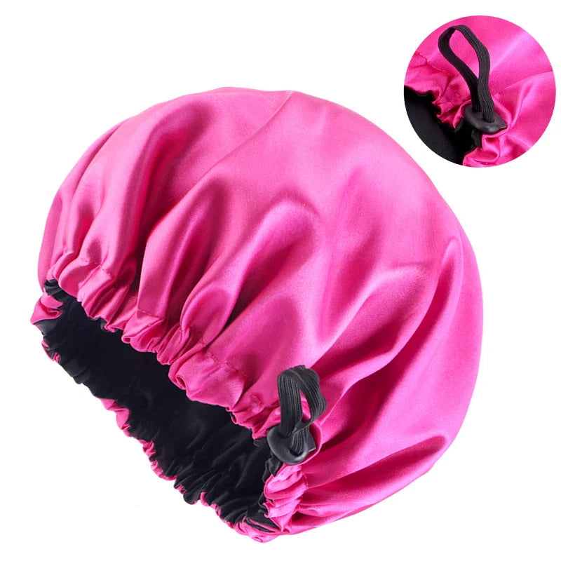 New Adjustable Double Layer Satin Bonnet Nightcap Round Haircare Shower Caps Women Elastic Band Cap Hair Styling Accessories