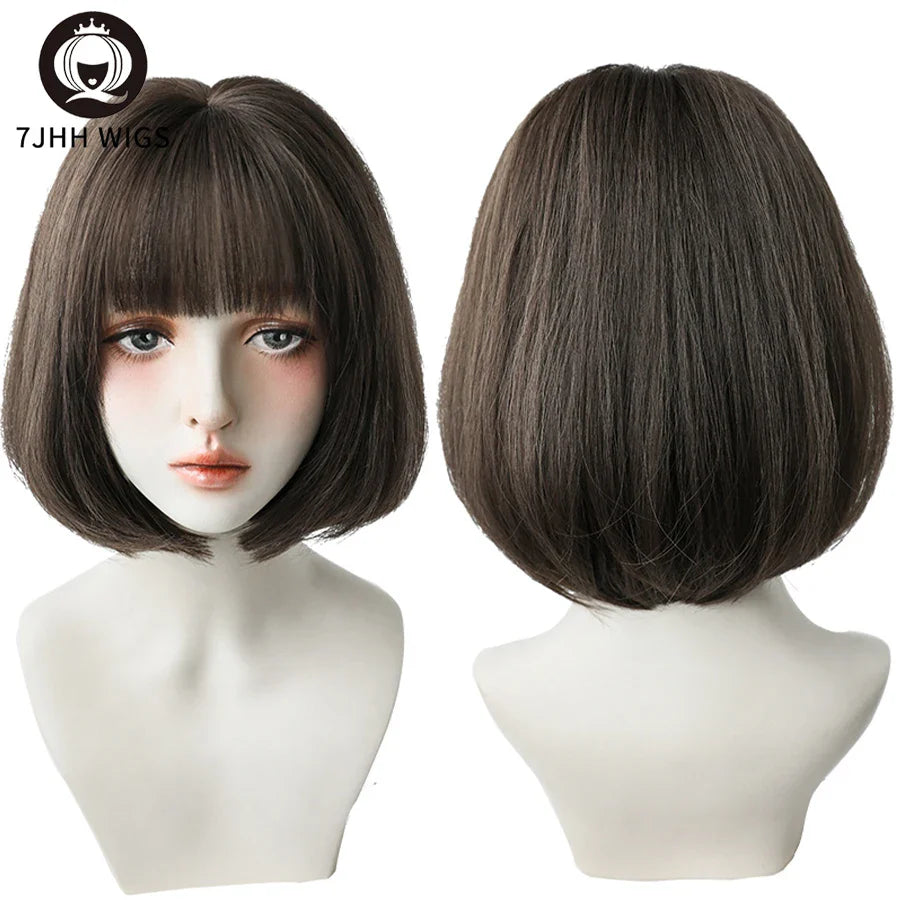 7JHH WIGS Black Short Bob Wig for Girl Daily Wear Synthetic Wig New Style Natural Supple Summer  Heatresistant Wig With Bangs