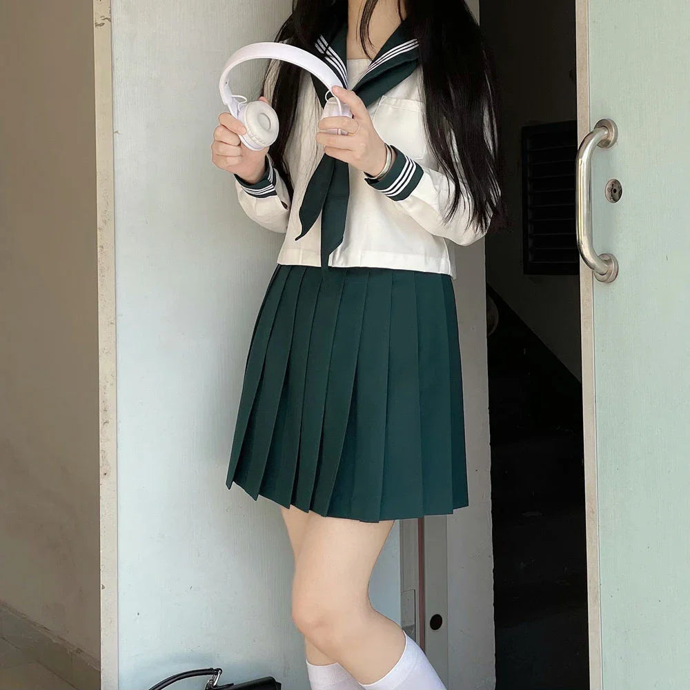 Japanese School Girl Uniform XS-XL JK Green Sailor Basic Cartoon Three Lines Sailor Uniform Sets Navy Costume Women Girl Costume