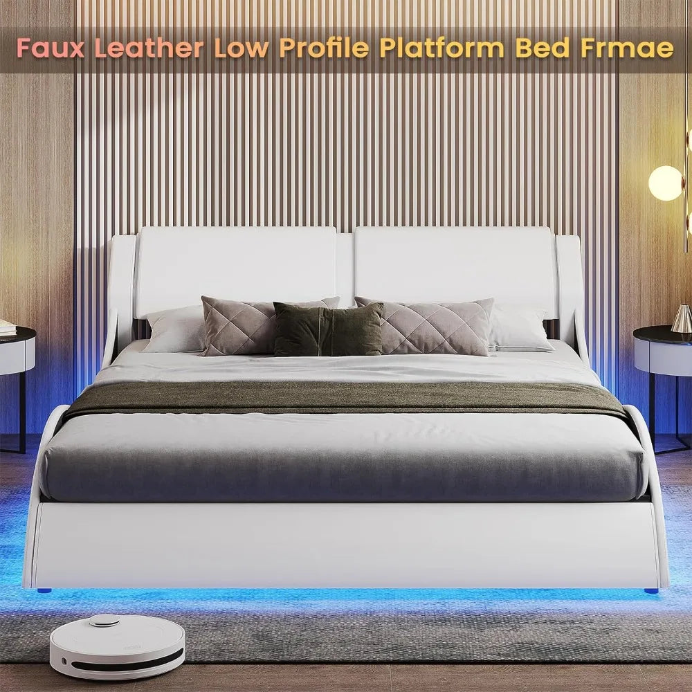 Bed Frame, Large with Headboard, Modern Upholstered Platform, LED Bed Frame, With LED Lights, Wavy Curve,Large Thin Platform Bed