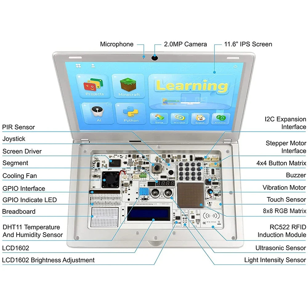 Elecrow CrowPi2 11.6 Inch 1920*1080 IPS Screen Raspberry Pi 4 LCD Display DIY Programming Learning Platform Laptop for Kid Adult