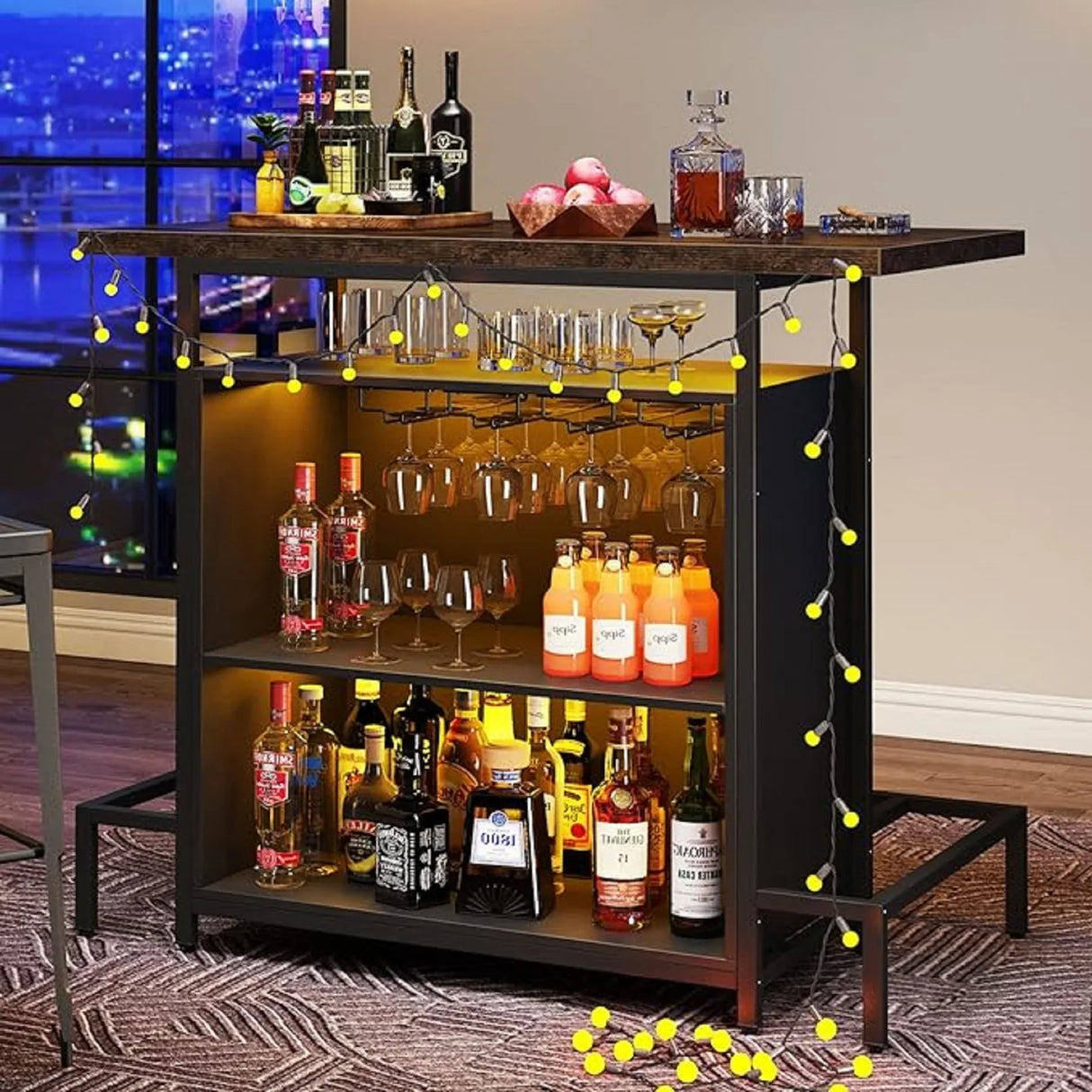 Tribesigns Home Bar Unit Cabinet with Footrest, Industrial 3-Tier Liquor Bar Table with Stemware Rack and Wine Storage