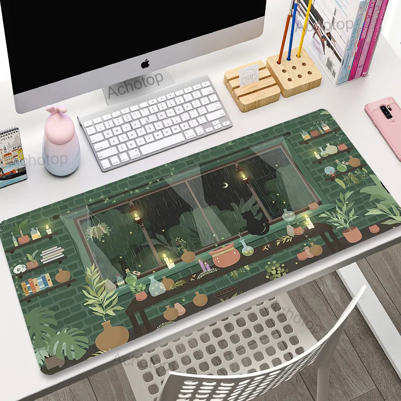 Green Plant Large Gaming Mousepad XXL Gamer Mouse Pad Size For Office Long Table Mat Kawaii Desk For Teen Girls For Bedroom