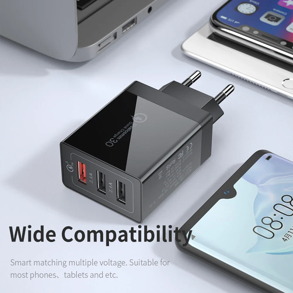 Essager 30W USB Charger Quick Charge 3.0 For iPhone 14 Samsung Xiaomi 3 Port Multi Plug Wall Mobile Phone Fast Charging