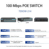 TEROW POE Switch 10 Port 100Mbps Ethernet Smart Switch 8 PoE+2 UpLink With Internal Power Office Home Network Hub for IP Camera