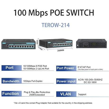 TEROW POE Switch 10 Port 100Mbps Ethernet Smart Switch 8 PoE+2 UpLink With Internal Power Office Home Network Hub for IP Camera