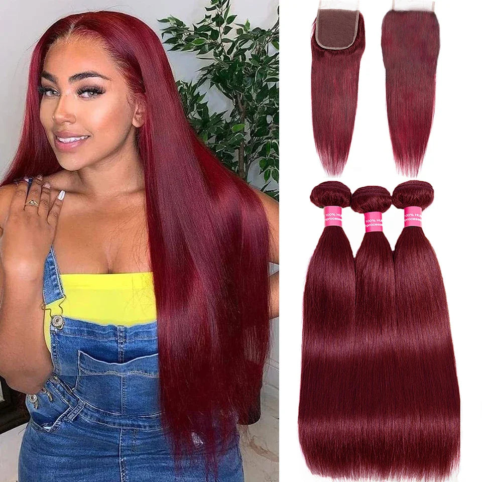 99J Straight Bundles With Closure Reddish Brown Straight Human Hair Bundles With 4x4 Closure Burgundy bundles with closure