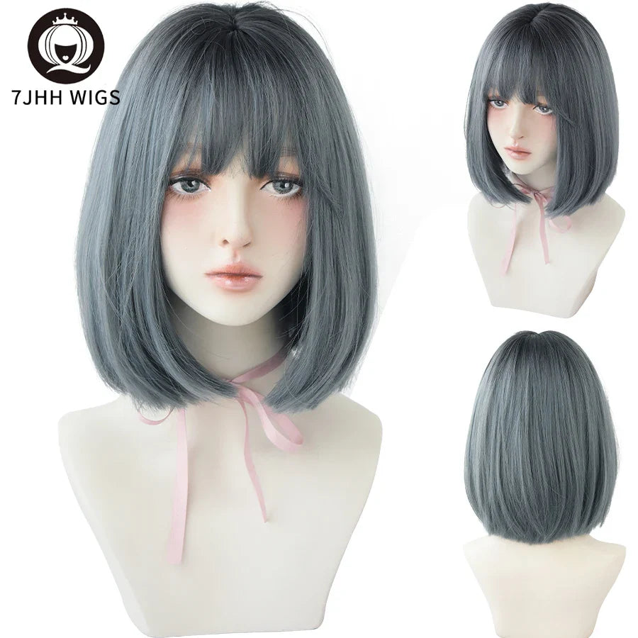 7JHH WIGS Black Short Bob Wig for Girl Daily Wear Synthetic Wig New Style Natural Supple Summer  Heatresistant Wig With Bangs