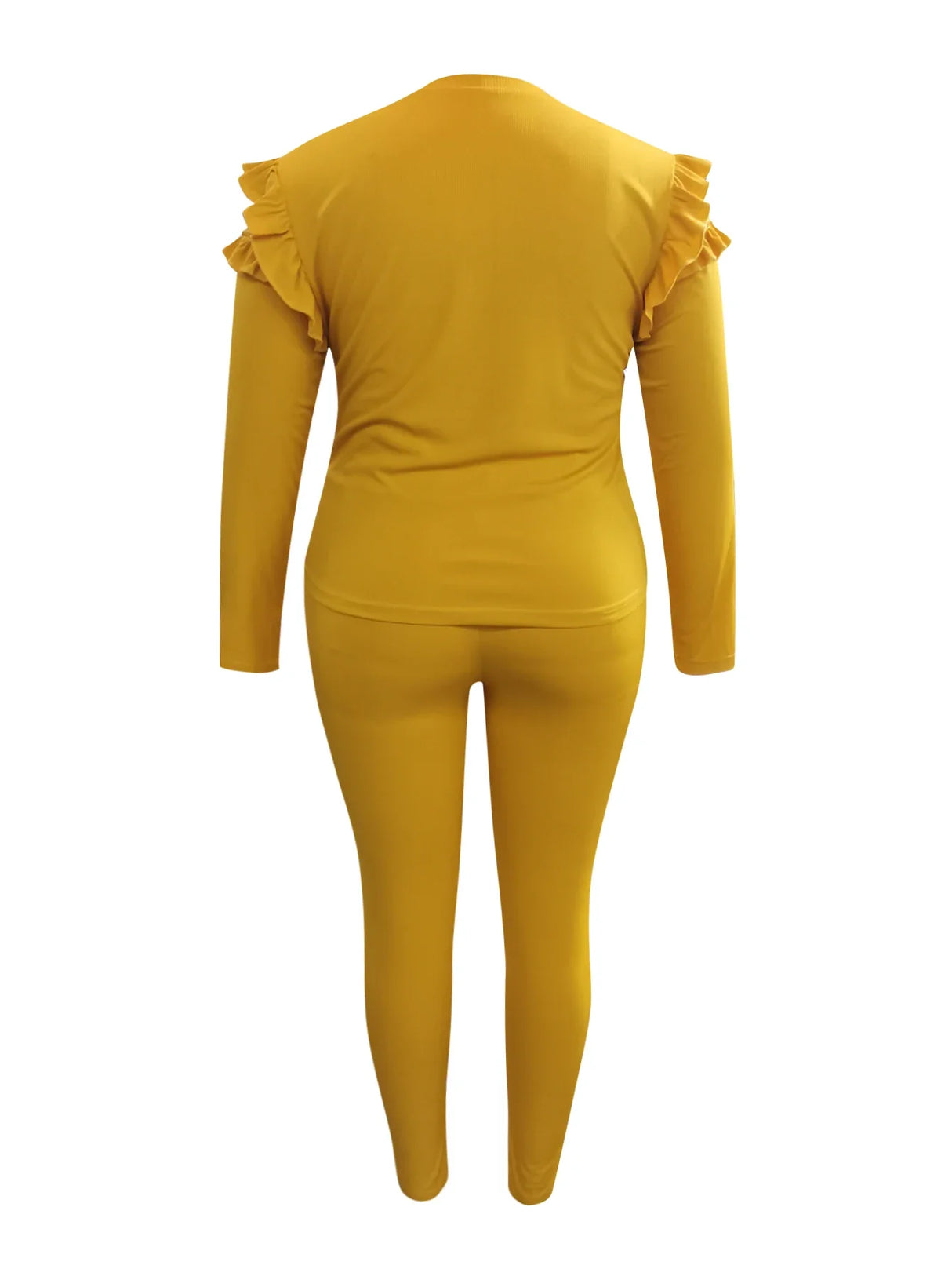 4XL 5XL LW Plus Size Trendy V Neck Striped Yellow Two-piece Pants Set Spring Women Basic Plain Ruffles Female Matching Suit