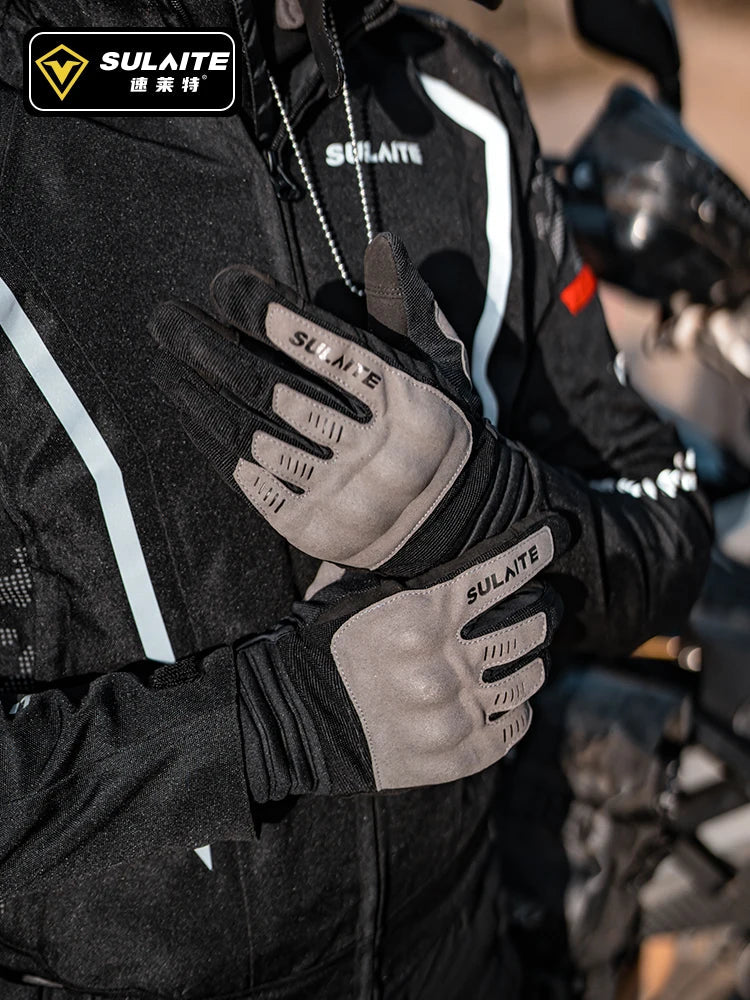 SULAITE Gloves Men Motorcycle Full Finger Breathable Riding Anti-Fall Retro Knight Equipment PVC Shell Windproof Driving Gloves