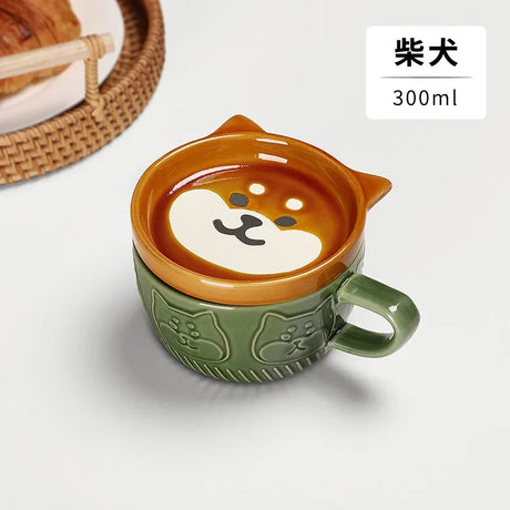 Creative Mug Cute Cartoon Animal Ceramic Mug with Lid Coffee Cup Breakfast Milk Cup Living Room Coffee Table Drinking Utensils