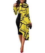 Plus Size Casual Dress, Women's Plus Abstract Figure Print Long Sleeve Round Neck Asymmetrical Hem Medium Stretch Midi Dress