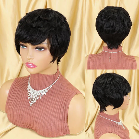 Straight Human Hair Wigs Short Bob Wig With Bangs Non Lace Front Wigs For Women Pixie Cut Wig Natural Color Full Machine Made