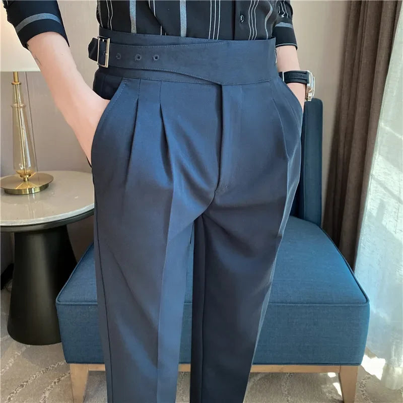 British Style Men High Waist Dress Pants 2023 Autumn Solid Color Casual Trousers Slim Fit Formal Suit Pants Fashion Men Clothing