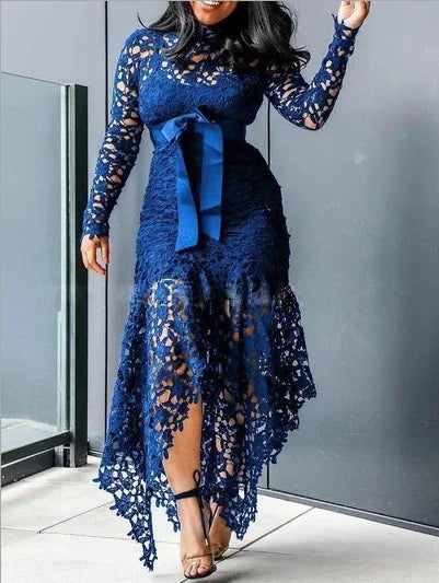 WSFEC S-5xl Plus Size Dresses For Women 2023 Bow Hollow Out Lace Patchwork Elegant Long Sleeve Pure Color Chic Ladies Clothes