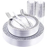 150PCS Silver Plastic Plates, Disposable Silverware & Plastic Silver Cups, Silver Rim Plastic Tableware include 25 Dinner Plates