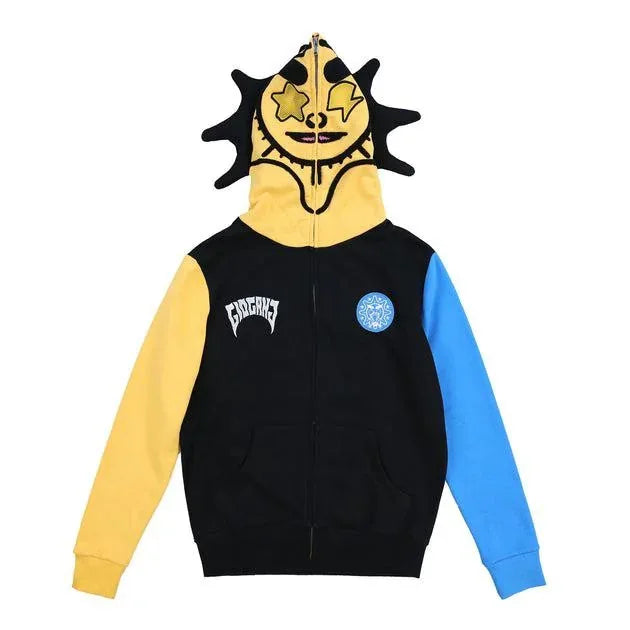 Cartoon skull 3D digital print hooded sweatshirt spliced long-sleeved fashion retro youth trend zipper loose cardigan ins top