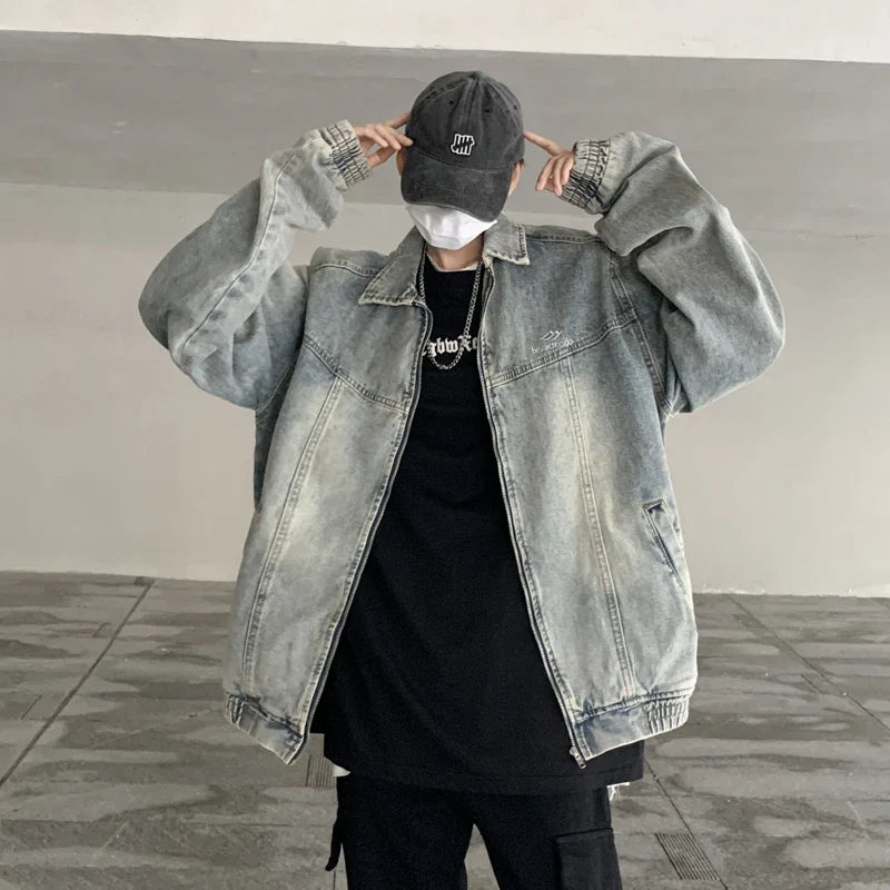 Denim Jacket Men's Spring Autumn Casual Stitching Distressed Turndown Collar Zipper Cowboy Long Sleeves Pocket Cropped Jackets