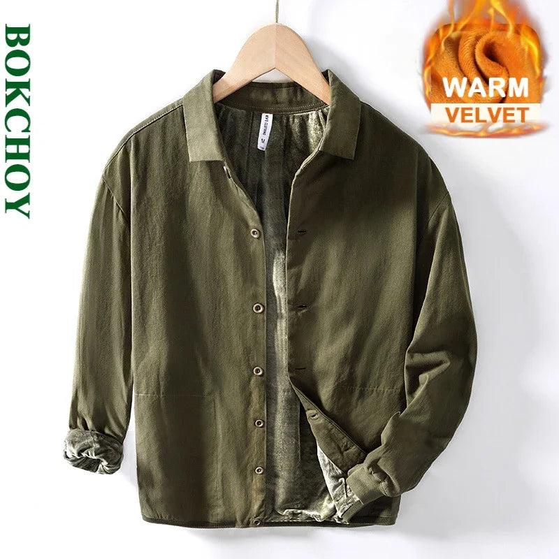 Autumn Winter New Casual 100% Cotton Thicked Velvet Shirts for Men Clothing Solid Color Keep Warm Baseball Jackets BL129