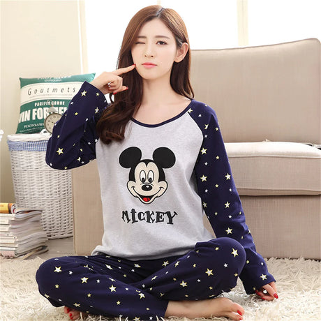 hibobi 2-Piece Spring Long Sleeved Round Neck Pajamas Loungewear Set Women's Cartoon Cute Fashion Pajamas Pajama Pants Set