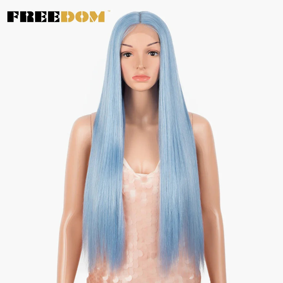 FREEDOM Synthetic Lace Front Wig 30 Inch Long Straight Wigs Soft Rainbow Colorful Blue Ginger Wigs For Black Women Cosplay Wig