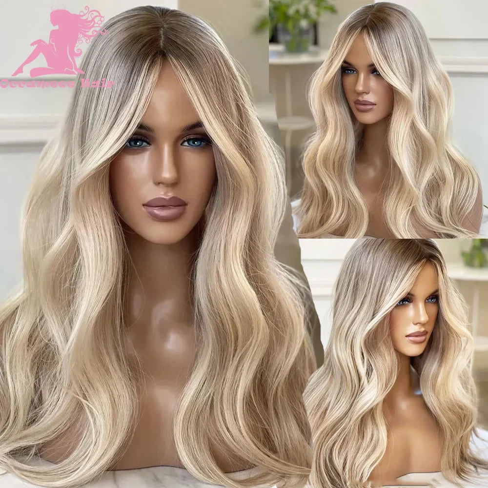 Ash Blonde Highlight Colored Lace Front Wig With Roots Straight Double Dawn HD Lace Forntal Wig aBrazilin Virgin Human Hair Wigs