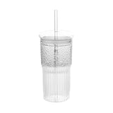 600ml Glass Mug Cup Milk Coffee Cup with Lid and Straw Transparent Stripe Water Cup Drinking Glasses Juice Tea Cup Drinkware