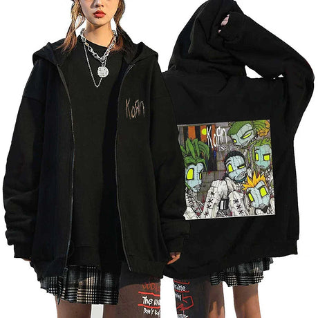 Korn Rock Band Sweatshirts WORLD TOUR Hoodies Cartoon Vintage Metal Gothic Streetwear Zip Up Jackets Tops Fleece Oversized Coats