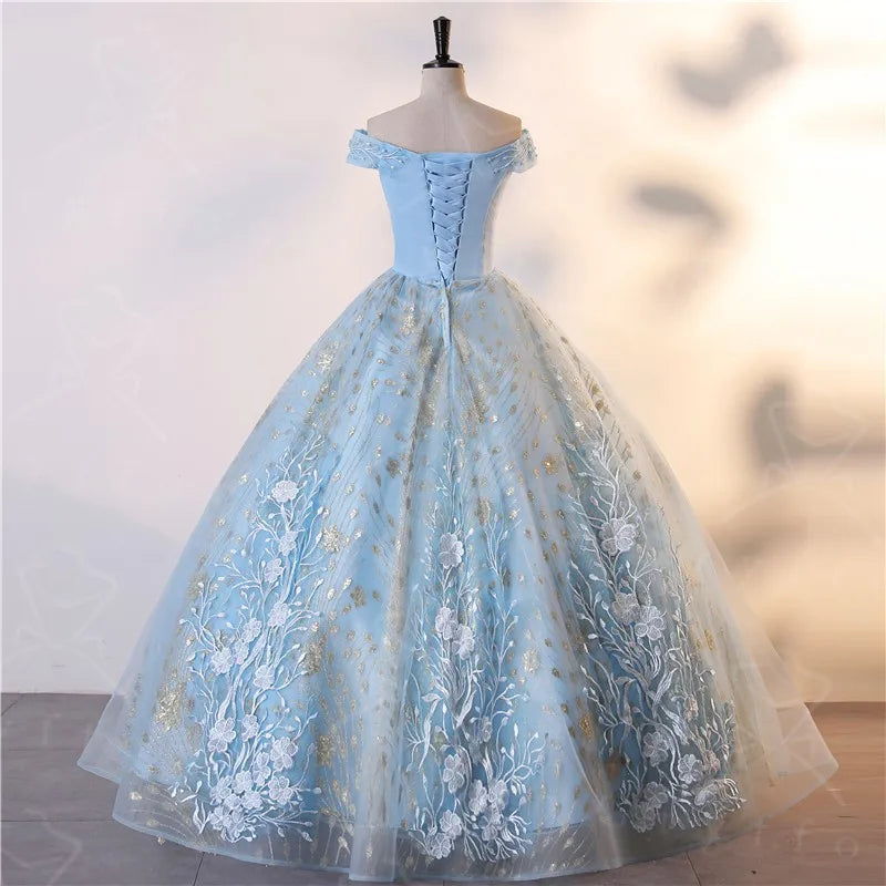 Light Blue prom cocktail dresses The Shoulder Evening Banquet Party Ball Gown Princess Dress Elegant Adult Princess Dress